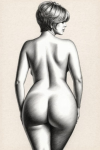 Pencil art voluputous woman nude buttocks