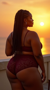 Back view, ultra-realistic photo of a mature, voluptuous Ethiopian woman with braided hair in lingerie on a balcony